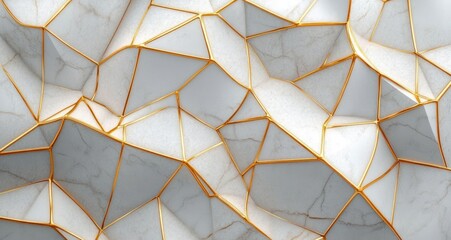 Fototapeta premium abstract geometric pattern of cracked white marble tiles with golden edges creating a luxurious mosaic effect