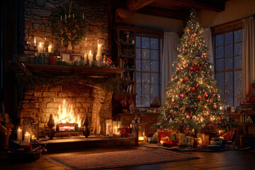 Christmas Cheer: Warm, inviting scene featuring a decorated Christmas tree next to a cozy fireplace. This festive image is perfect for conveying holiday spirit. 