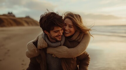Man giving piggyback ride to girlfriend on beach, sharing a playful and affectionate moment while enjoying the sand and sea, Generative AI