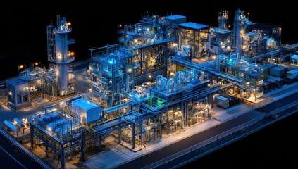 Industrial plant with intricate structures at night