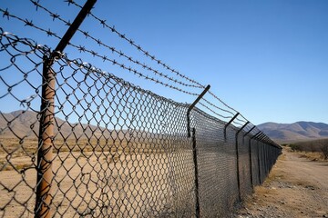 Fototapeta premium Rusty chain link fence topped with barbed wire stretches across dry desert landscape under clear blue sky with distant mountains