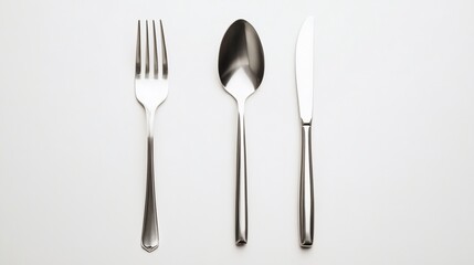 Elegant silverware trio: Knife, spoon and fork isolated on a white backdrop