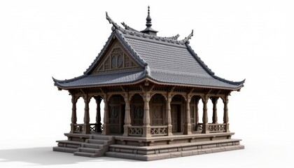 Traditional Asian temple building with ornate wooden architecture and decorative roof design on a white background for cultural heritage and historic architecture concepts