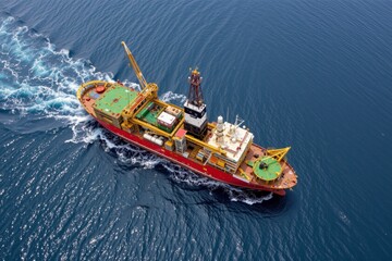 Obraz premium Aerial View of a Drill Ship Navigating Through Deep Blue Ocean Water with Waves and Ship Wake Patterns