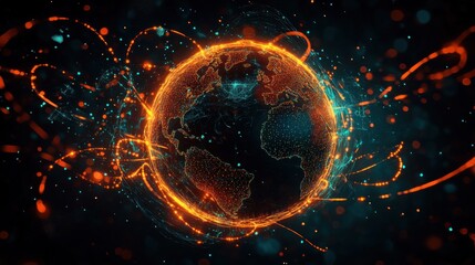 Obraz premium Digital globe with glowing orange and blue data connections orbiting and intertwining, representing global communication and network activity with a futuristic and dynamic atmosphere