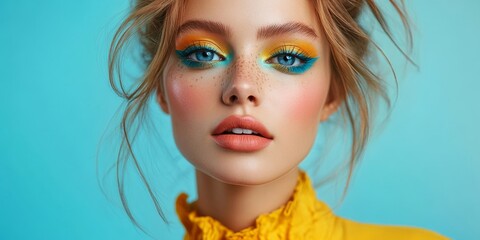 Stylish female model with vibrant makeup, showcasing bold fashion and striking colors in a confident and artistic studio portrait, Generative AI