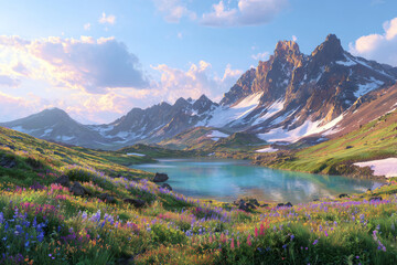 Mountain Vista and Serene Lake: A breathtaking landscape featuring majestic mountains, their peaks kissed by lingering snow.