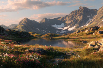 Fototapeta premium Majestic Mountain Landscape: A picturesque panorama of towering mountains reflecting in the serene lake, surrounded by vibrant flora and the warmth of golden sunlight.