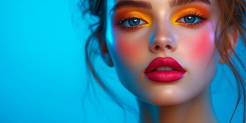 Stylish female model with vibrant makeup, showcasing bold fashion and striking colors in a confident and artistic studio portrait, Generative AI