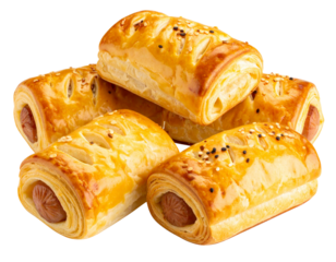 Collection of Golden Flaky Sausage Rolls, Isolated Transparent PNG