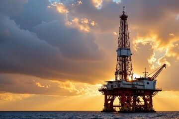 Obraz premium Dramatic Sunset View of Oil Rig Surrounded by Cloudy Sky on the Open Sea with Sunlight Piercing Through Clouds
