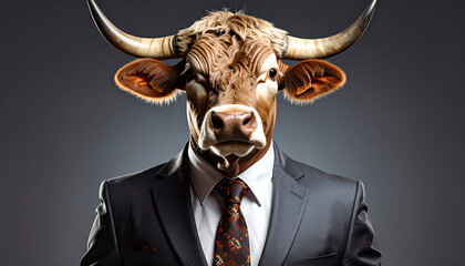 A man in a suit with a bull's head, blending human and animal features, creates a striking and surreal visual representation of duality