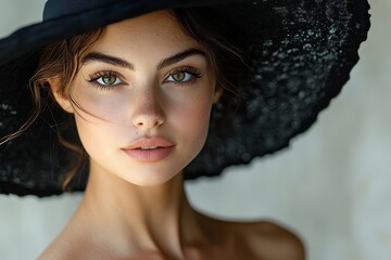 Elegant beautiful woman in a black dress and hat, exuding sophistication and confidence while attending a formal event or gathering, Generative AI