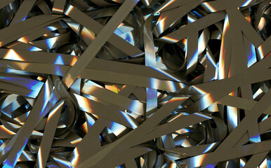 Audio magnetic cassette tape tangled and twisted in an abstract background detail pattern
