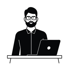 Bearded man working on laptop illustration