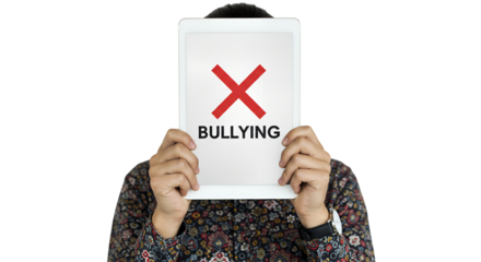 Stop Bullying: Red X Over the Word on a White Sign  Bullying Awareness: Hidden Face Behind Rejection Sign  isolated on transparent background Generative Ai PNG