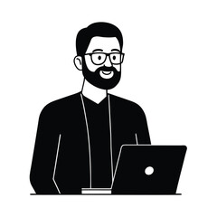 Bearded man working on laptop illustration