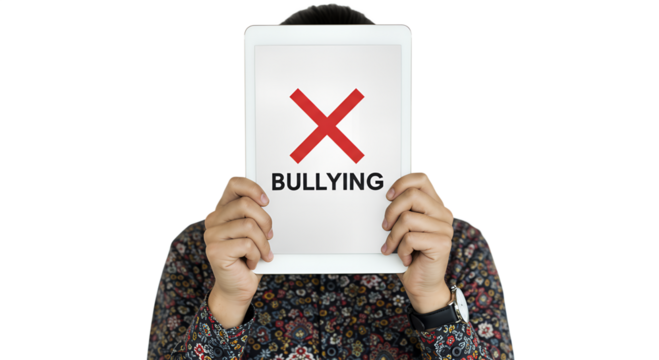 Stop Bullying: Red X Over the Word on a White Sign  Bullying Awareness: Hidden Face Behind Rejection Sign  isolated on transparent background Generative Ai PNG - Powered by Adobe