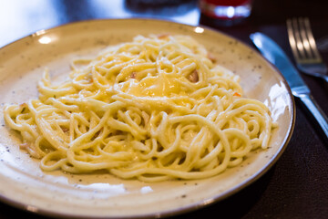 Traditional italian pasta carbonara on a plate