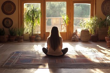 Exercise mat on floor with woman doing yoga, practicing mindfulness and flexibility in a calm and serene environment, Generative AI