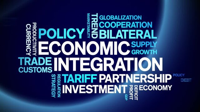 Economic integration animated word cloud;text design animation tag kinetic typography seamless loop.