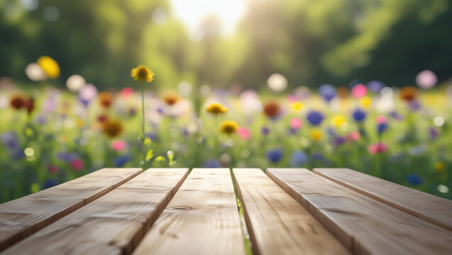 Wooden surface with lively wildflower background for product staging. Perfect for branding projects, social media content, and fresh composition concepts.