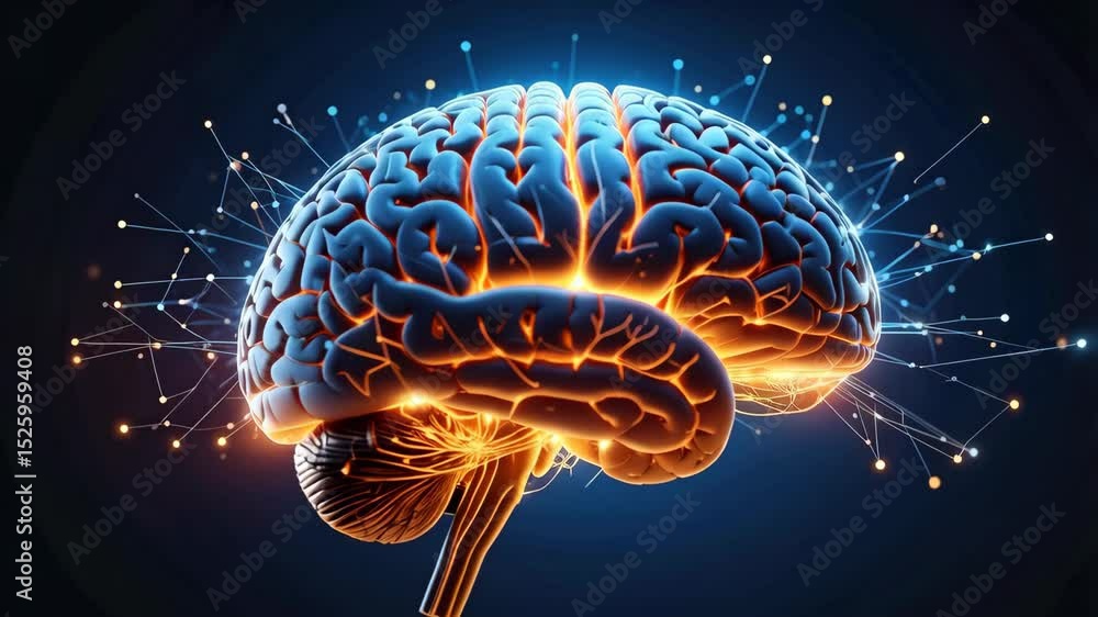 Poster anatomical brain representation with artificial neural connections on a gradient blue background, de