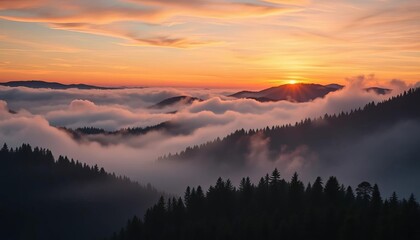 Misty mountain range at sunrise/sunset, fog shrouding forested slopes, vibrant colors,  hills,  vector