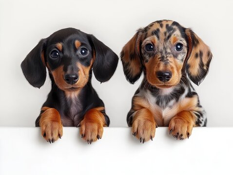 Two adorable small dachshund puppies with expressive eyes leaning over a white surface against a plain background