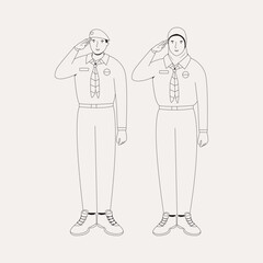 line drawing of men and women wearing scout uniforms with a saluting pose, flat illustration on scout day.