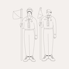 Line drawing of men and women wearing scout uniforms standing under flag poles, flat illustration on scout day.