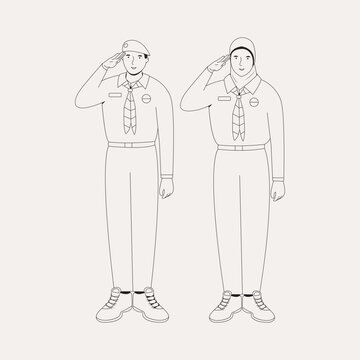 line drawing of men and women wearing scout uniforms with a saluting pose, flat illustration on scout day.