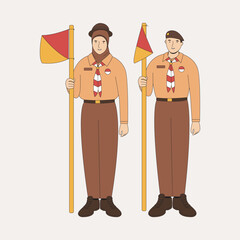 Illustration of a man and a woman wearing a scout uniform in a saluting pose, flat illustration on scout day.