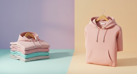  hoodie mockup displayed on a wooden hanger against a modern pastel two-tone pink and green wall background. Clean, empty copy space perfect for product branding, fashion ad