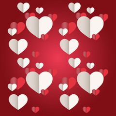 Red and white folded paper hearts isolated on red valentines day background vector