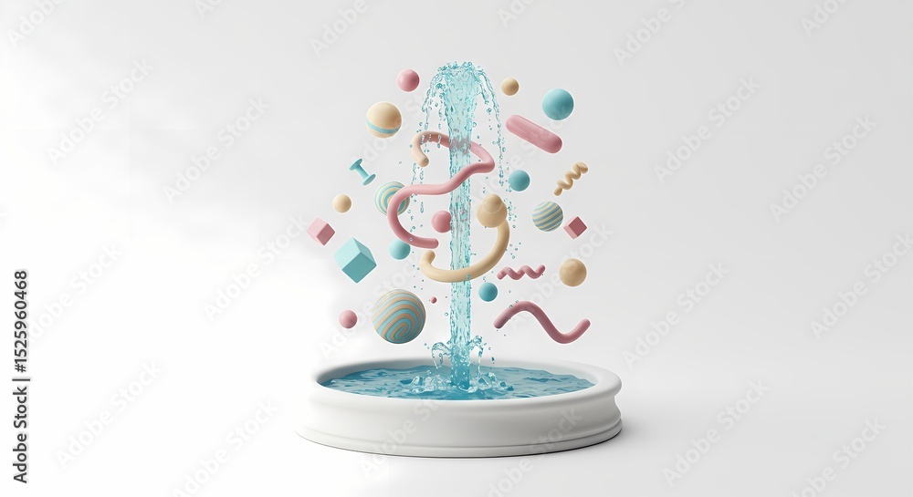 Aufkleber abstract 3d render of a water fountain with floating geometric shapes