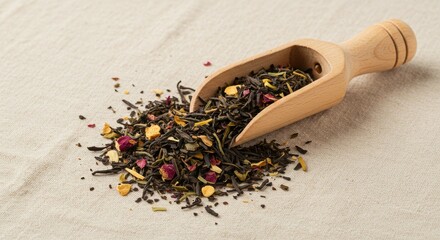 A close-up of loose leaf tea blend with rose buds and other herbs spilling from a wooden cup onto a...