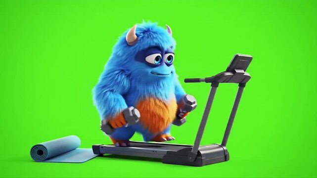Adorable Fuzzy Monster Working Out on Treadmill 3D Animation