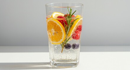 A vibrant glass of sparkling water bursts with fresh fruit slices - lemon, lime, and strawberries....