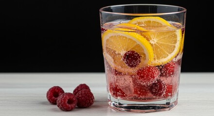 Refreshing glass of sparkling water with vibrant raspberries, lemon slices, and blackberries, garnished with mint. Healthy, natural hydration perfect for summer, detox, or lifestyle visuals. Studio sh