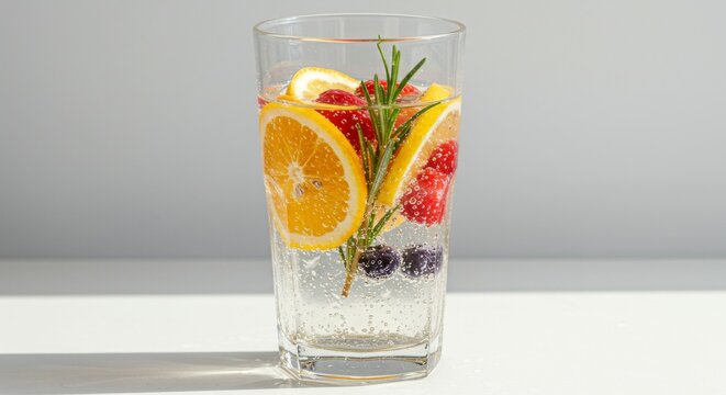 A vibrant glass of sparkling water bursts with fresh fruit slices - lemon, lime, and strawberries. Effervescent bubbles rise, creating a refreshing, healthy, and colorful drink perfect for summer, det