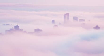 Obraz premium Cityscape emerges from a thick, soft pastel fog. Great for themes of isolation, serenity