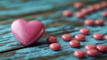 Fototapeta premium Pink heart and pills on a blue wooden surface
