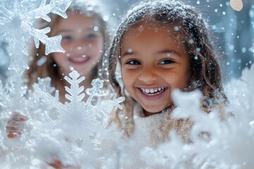 Little girls playing with the artificial snowflakes, laughing and having fun as they experience the magic of a winter wonderland, Generative AI
