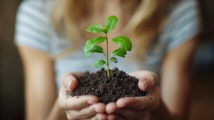 Unrecognizable woman holding a green seedling growing in soil, symbolizing growth, renewal, and environmental consciousness, Generative AI
