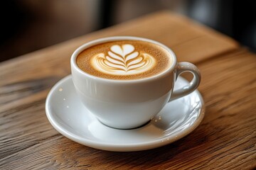 Obraz premium close-up of a cup of coffee with latte art on a white saucer placed on a wooden table, warm and inviting atmosphere
