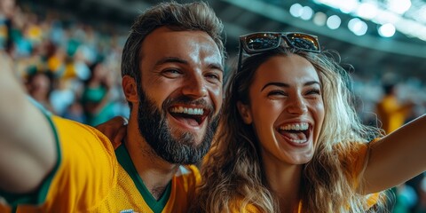 Couple cheering at a live soccer match, passionately supporting their team with joy and excitement in the stands during a thrilling game, Generative AI