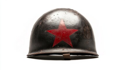 Naklejka premium Vintage military helmet featuring a prominent red star design. This iconic piece symbolizes history and valor in wartime. Perfect for collectors and enthusiasts. Generative AI