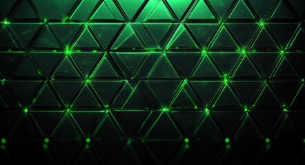 Dark surface with glowing green triangular grid pattern and illuminated connection points creating a futuristic and technological atmosphere