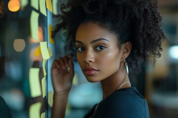 Focused young businesswoman sticking adhesive notes to a glass wall, organizing her thoughts and ideas in a collaborative and creative office environment, Generative AI